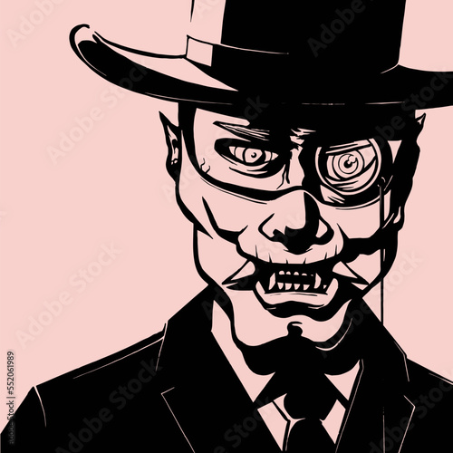 Ink brush illustration of suited man in a top hat wearing oni gargoyle mask	
