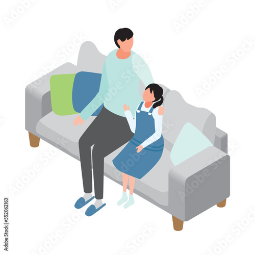 アイソメトリック_ソファで話をする親子の俯瞰イラスト