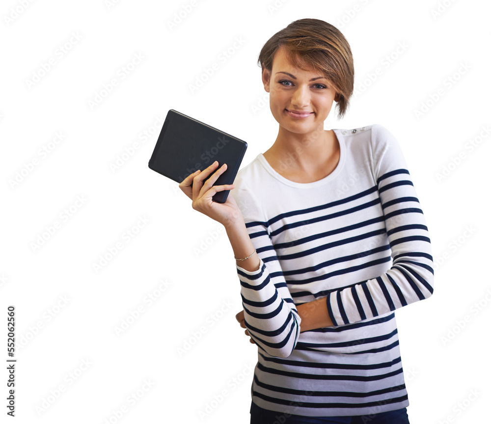 PNG of a cropped portrait of a beautiful young woman holding a tablet. PNG of a cropped portrait of a beautiful young woman holding a tablet.