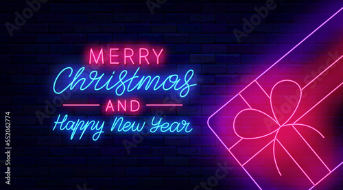 Merry Christmas and Happy New Year neon greeting card. Shiny horizontal invitation flyer. Vector stock illustration