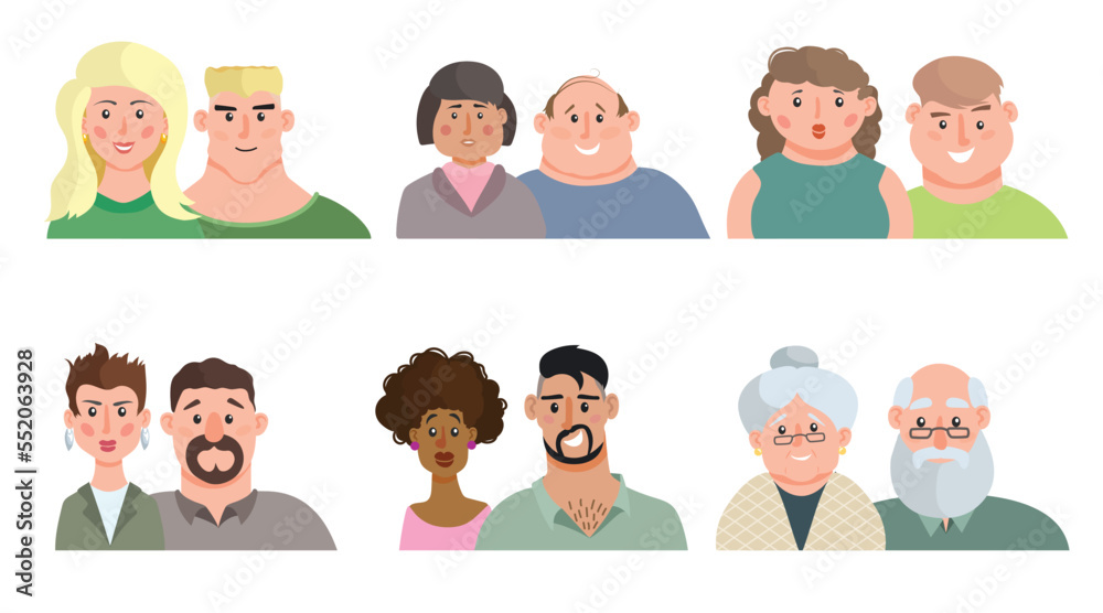 Cartoon men and women couples portraits set. Male and female various age people icons collection. Vector illustrations. Cartoon men and women couples portraits set. Male and female various age people icons collection. Vector illustrations.