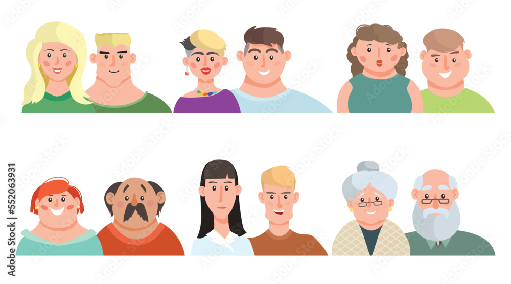 Cartoon men and women couples portraits set. Male and female various age people icons collection. Vector illustrations. Cartoon men and women couples portraits set. Male and female various age people icons collection. Vector illustrations.