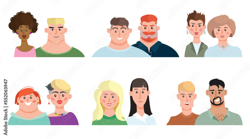Cartoon traditional and LGBT couples portraits set. Male and female various age people icons collection. Vector illustrations. Cartoon traditional and LGBT couples portraits set. Male and female various age people icons collection. Vector illustrations.