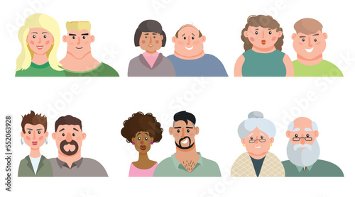 Cartoon men and women couples portraits set. Male and female various age people icons collection. Vector illustrations.