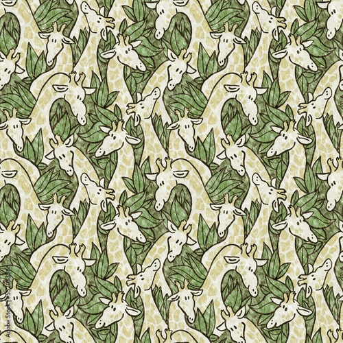 Cute safari wild giraffe animal pattern for babies room decor. Seamless african furry green textured gender neutral print design. 