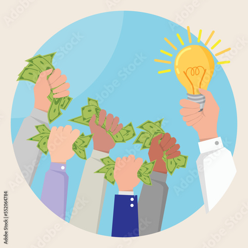 Auction and bidding concept. Hand holding money. Selling a good idea. Flat vector illustration.