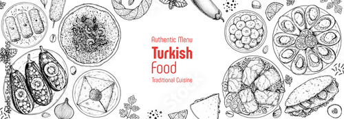 Turkish food top view vector illustration. Food menu design template. Hand drawn sketch. Turkish food menu. Vintage style. Imam Bayildi, Lahmacun, Katmer, Simit, Dolma, Dolma, Balik Ekmek, Kebab