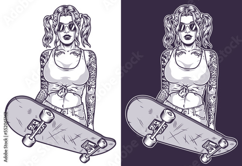 Young girl skateboarder emblem monochrome