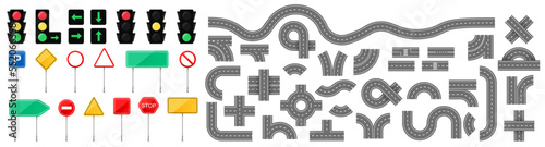 Big Realistic Set Of Road Signs And Traffic Lights. Street and road with footpaths and crossroads. Connectable highway road elements. Crossroads, footpath and speedway junction mark.
