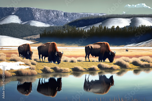 Yellowstone's bison herd feeding in the hayden valley Generative AI photo