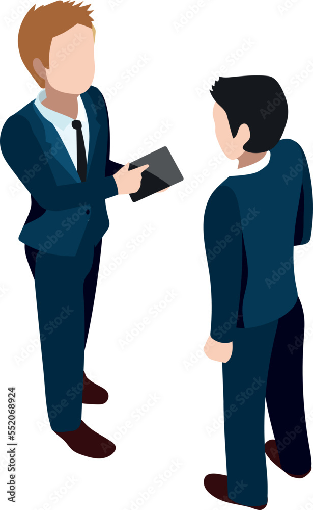 Businessman showing tablet to office manger. Work conversation