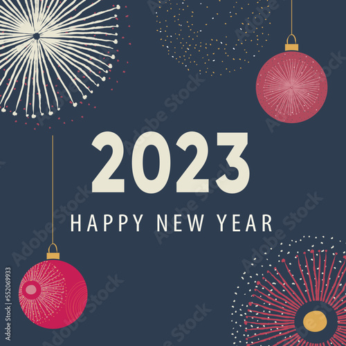 Happy new year 2023 card. Squared background with fireworks and hanging Christmas balls. Blue purple background. Pink Xmas bubbles in abstract and minimalistic style. Elegant greeting card for holiday