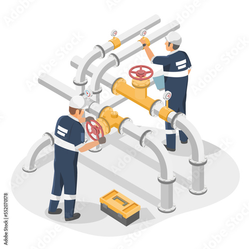 Valves and Piping  technicians engineering checking service maintenance appliances for Gas pumping station gas industry and gas transport system isometric vector isolated