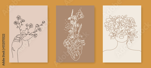 Modern Abstract Line Art Creative Floral Wall Art Set. Floral Artistic Backgrounds with Woman Face and Flowers Line Art Style for Wall Decor, Postcards or Covers, Prints, Posters. Vector Illustration.