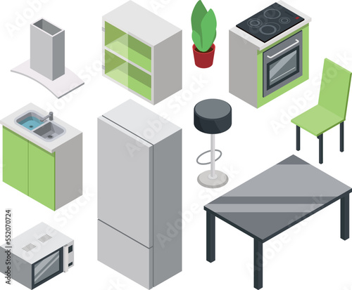Kitchen furniture set. Isometric home decoration elements