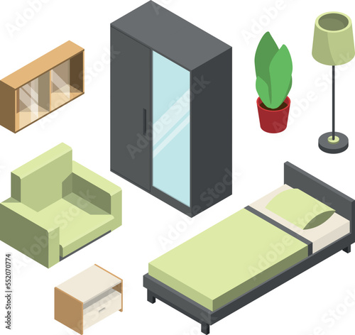 Bedroom furniture set. Modern home isometric elements