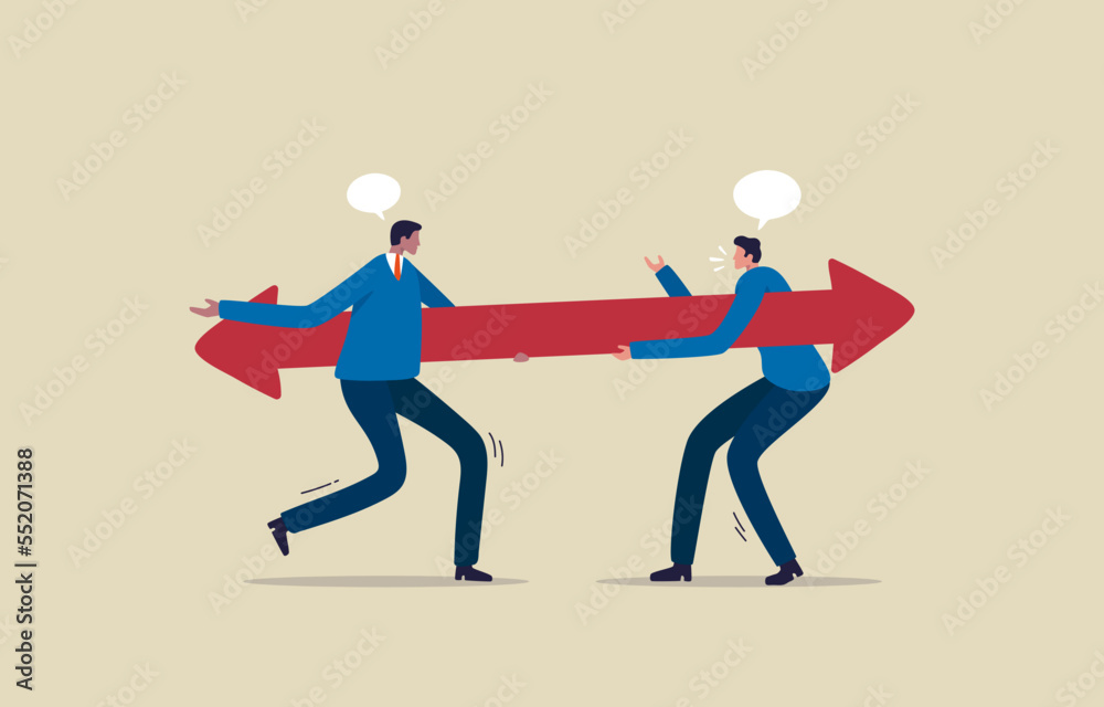 Choices and Finding or Choosing the right path. Different business direction or team conflict. Two businessman holding arrow running in opposite position. Illustration