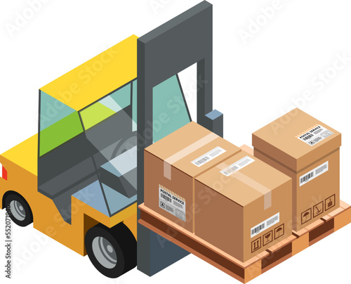 Cargo loader with cardboard boxes. Isometric forklift icon