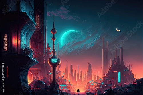 Futuristic night neon cityscape with traditional Arabic architecture. Neon illumination of the city, reflection of light, moon. City with towers and skyscrapers. AI