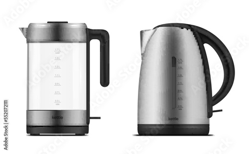 Electric kettle metallic glass teapot for boiling water set realistic vector illustration