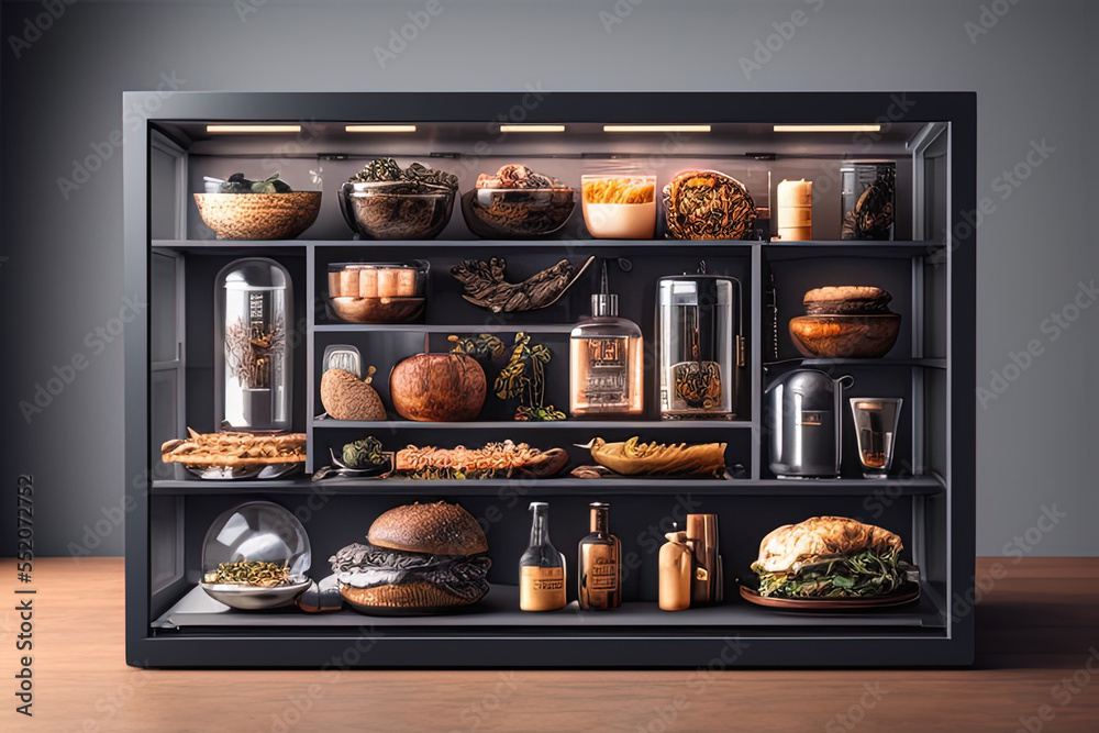 photorealistic Food shelves in a scifi/knolling case AI Generated