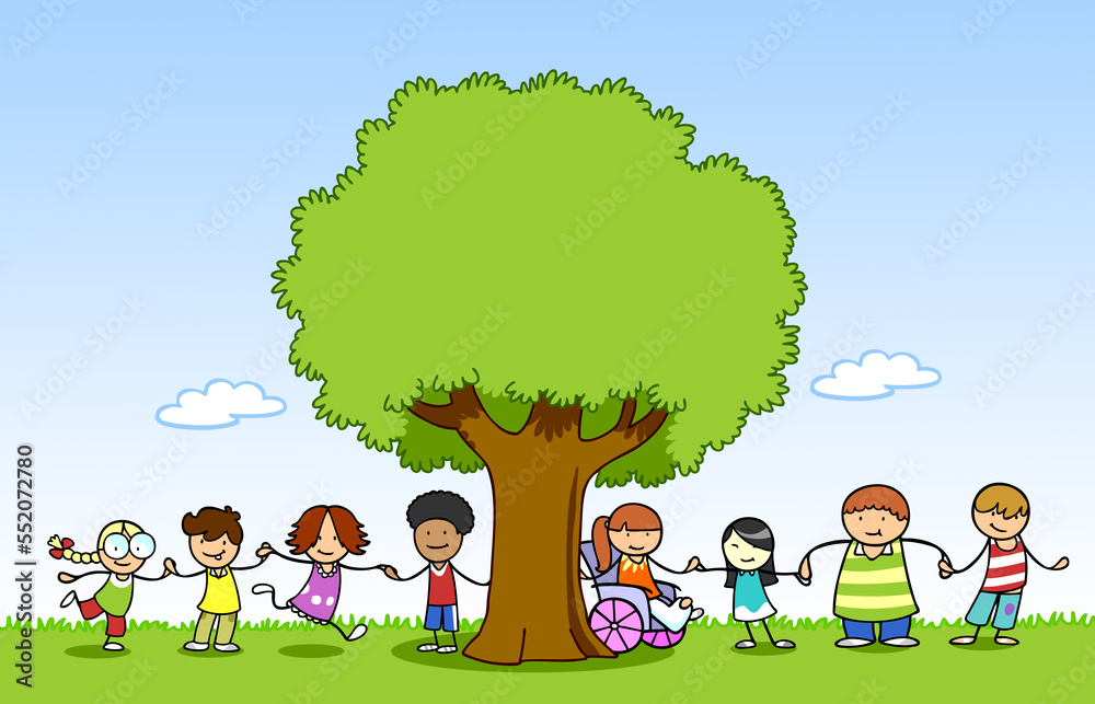Naklejka premium Children hold hands on meadow with tree in summer