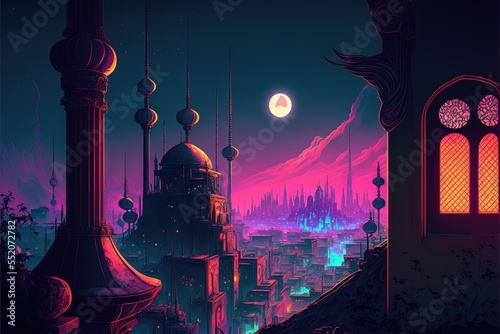 Futuristic night neon cityscape with traditional Arabic architecture. Neon illumination of the city, reflection of light, moon. City with towers and skyscrapers. AI