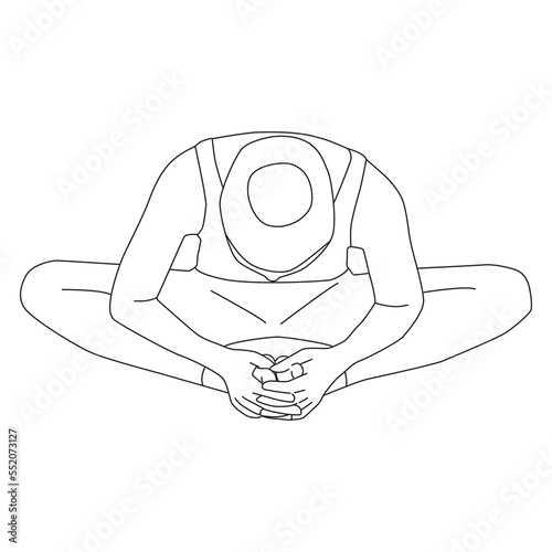 Line art of woman doing yoga in butterfly forward fold pose vector.