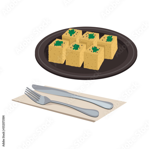 Indian national food. Dokla. Rice dough with chickpeas. Vector graphic.	 photo