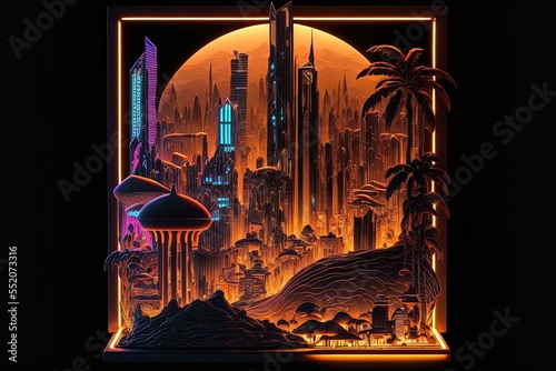 Futuristic night neon cityscape with traditional Arabic architecture. Neon illumination of the city  reflection of light  moon. City with towers and skyscrapers. AI