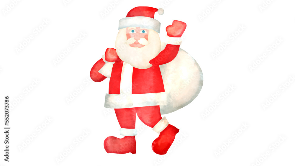 Obraz premium プレゼントが入った袋をかつぐサンタクロースの水彩風背景透過イラスト