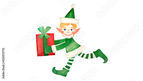 Fotografie プレゼントを運ぶ緑色の帽子をかぶったクリスマスエルフの水彩風背景透過イラスト