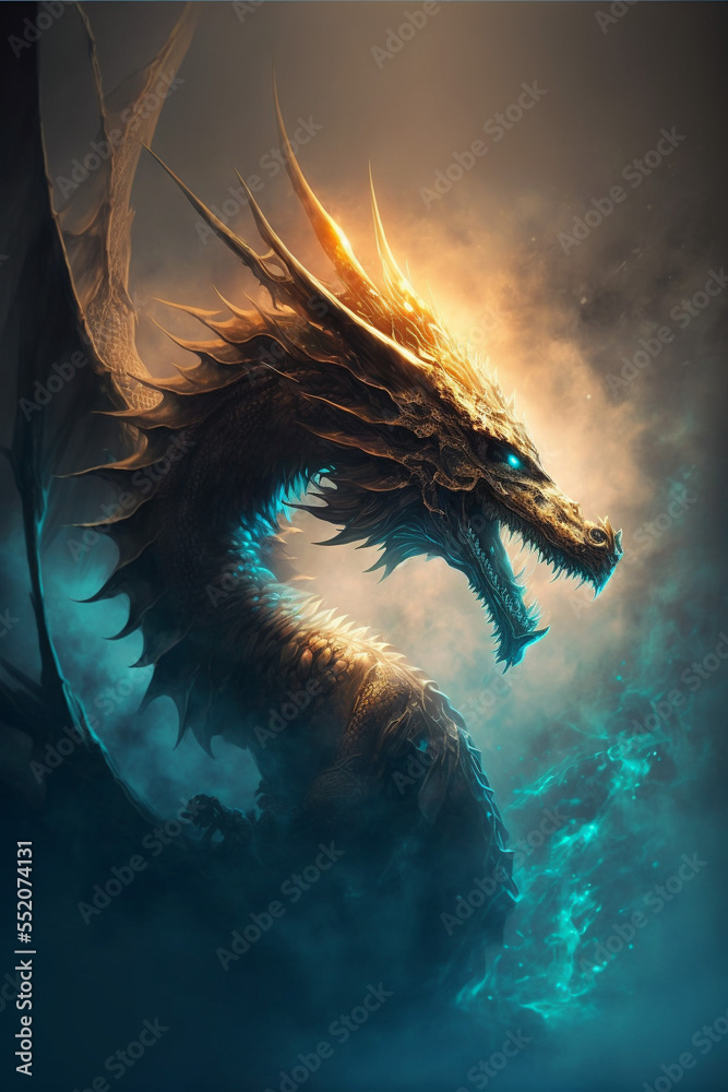 Illustration of dragon in the colourful glow, mist and fire. AiI generated content