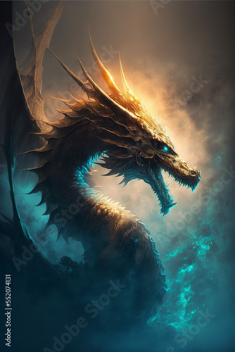 Illustration of dragon in the colourful glow, mist and fire. AiI generated content © bzzup
