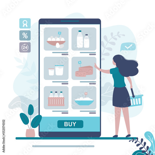 Woman chooses fresh dairy food in online store. Mobile application presents different assortment of milk products. Girl client orders home delivery of eco organic food.