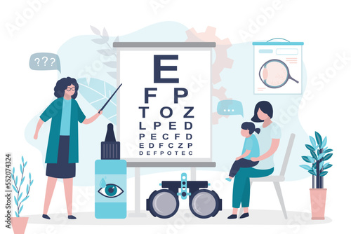 Doctor checks small child vision by snellen chart. Mother with daughter on exam at ophthalmologist. Instruments for eye examination. Ophthalmology, eyesight check, healthcare.