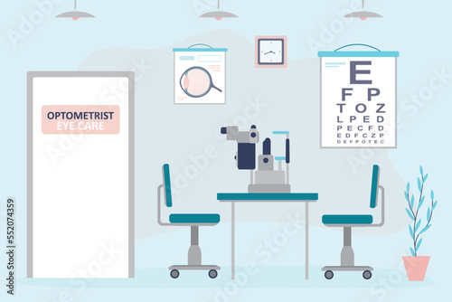 Ophthalmologist office, empty room, workplace. Ophthalmological tools for vision testing. Examination by optician. Concept of vision correction and healthcare. Clinic interior.