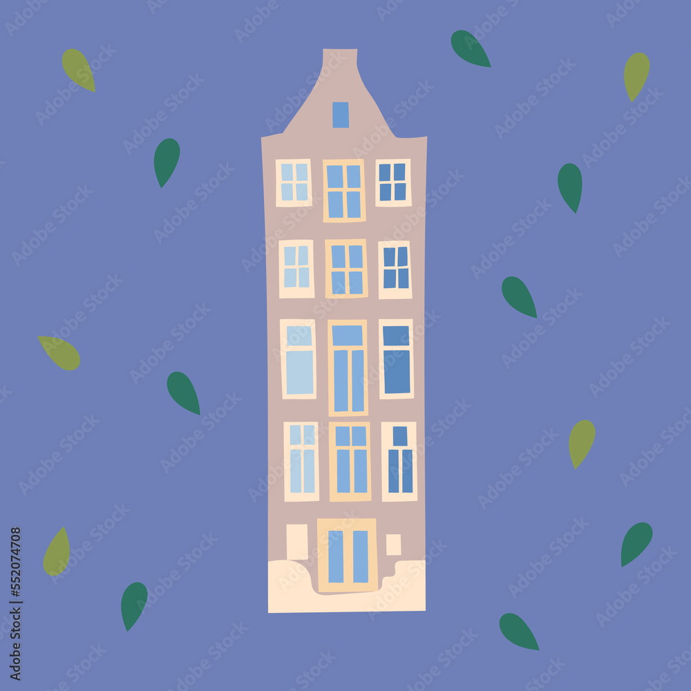 Architecture Amsterdam cozy and cute illustration on a blue background.