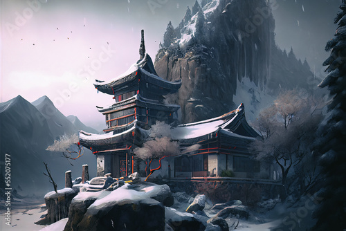 Chinese style buildings in the snow mountains