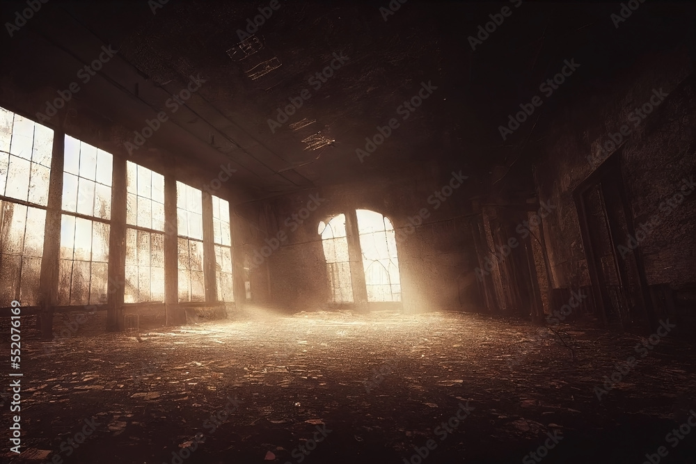 A old warehouse interior. Muted blue tones. Abandoned post war construction. Rubble, mist, dirt and debris. Warehouse set 9