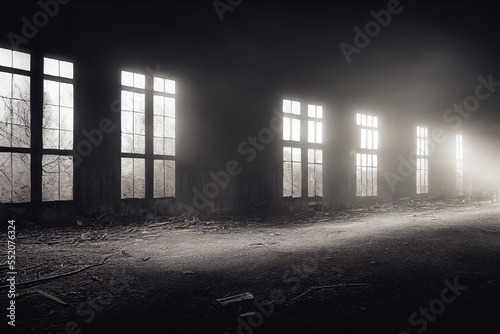 Old abandoned and empty warehouse with light shinning through the cracked windows. Horror post apocalyptic concept art. Warehouse set 1