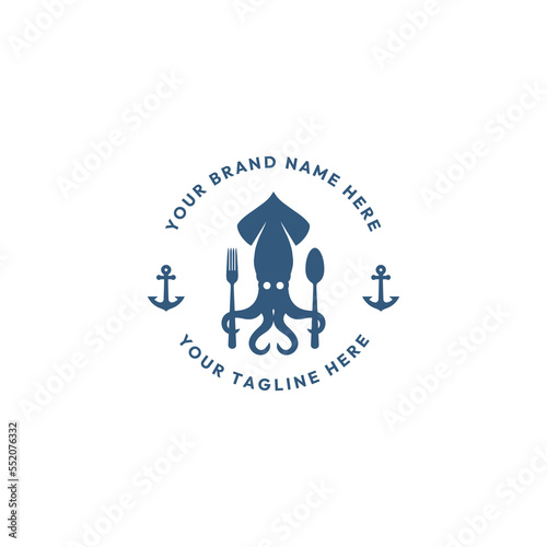 Retro VIntage Squid Cuttlefish with Spoon and Fork for Seafood Restaurant logo vector design template