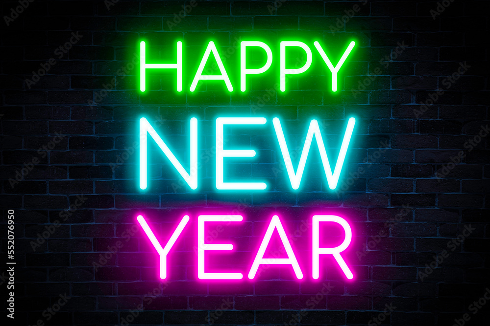 Fototapeta premium Happy New Year Neon Banner, light signboard symbol on brick wall background.