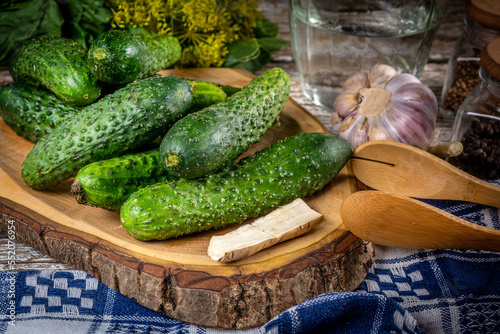 Preparation for pickling cucumbers.
