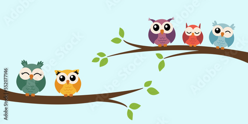 Five cute colorful vector owls are sitting on a tree branch. Wall decor, wall art sticker, banner, home decoration