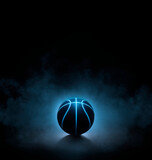 black basketball with bright blue glowing neon lines on black background with smoke. 3d render