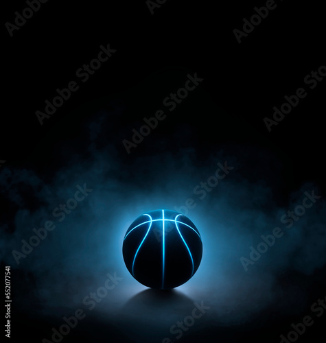 black basketball with bright blue glowing neon lines on black background with smoke. 3d render © Retouch man