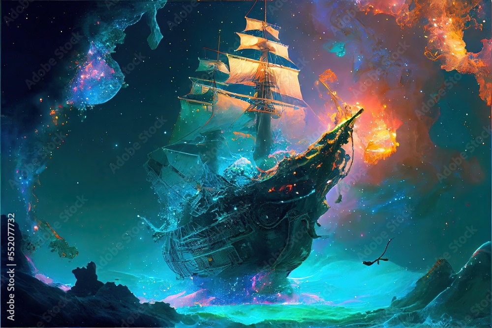 Pirate ship trapped in a cosmic maelstrom nebula Stock Illustration ...