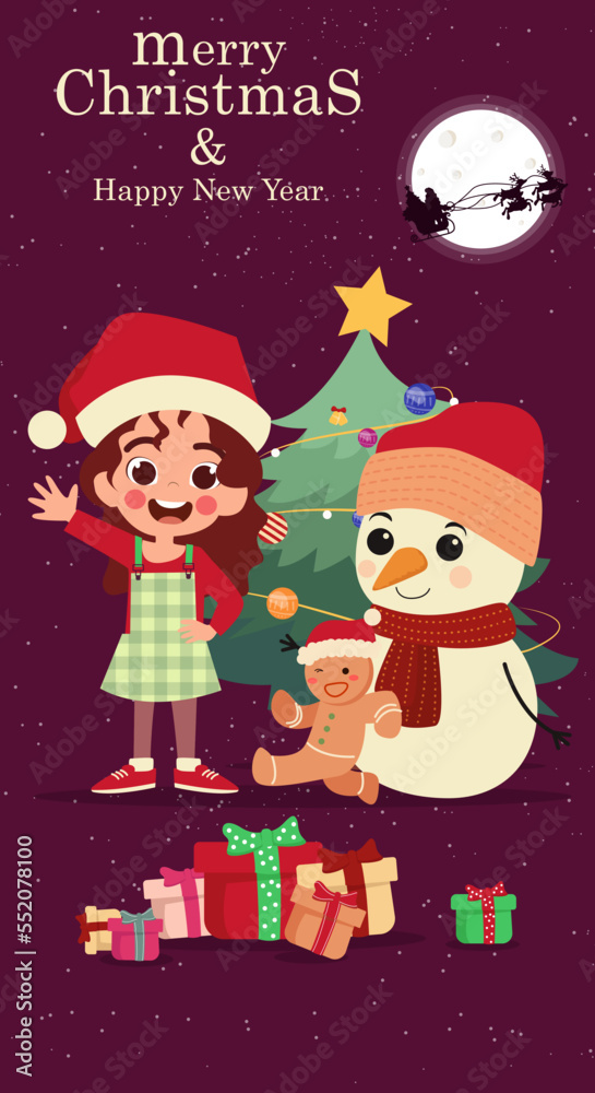 Cute christmas card on a purple background with snowman, gingerbread, christams tree and santa girl Cute christmas card on a purple background with snowman, gingerbread, christams tree and santa girl