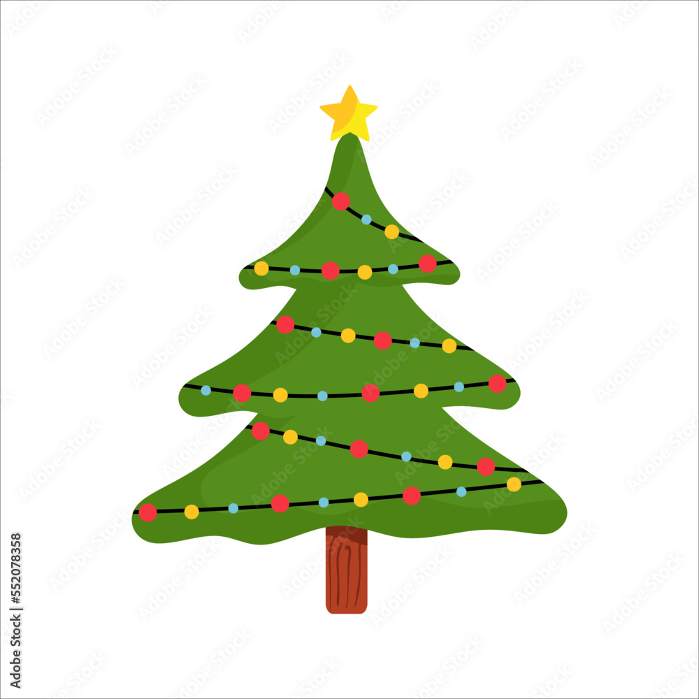 Decorated Christmas tree isolated on white background. Illustration Christmas tree. Xmas fir with star, balls and baubles. Flat vector illustration eps10 Decorated Christmas tree isolated on white background. Illustration Christmas tree. Xmas fir with star, balls and baubles. Flat vector illustration eps10